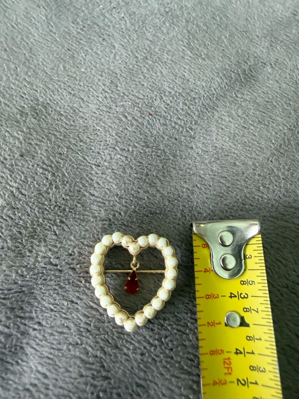 Vintage Gold-Tone Faux Pearl Open Heart Brooch- Dangling Red Teardrop Rhinestone